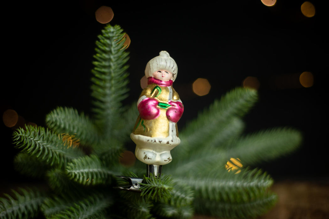 Vintage Glass Christmas Ornament Girl with Red Mittens