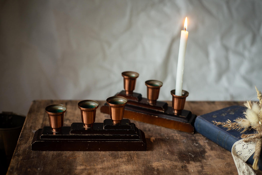 Wooden Brass Candle Holders, German Vintage Set of 2, Mid Century Candlestick Holders