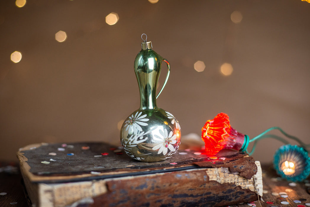 Vintage Glass Jug Christmas Ornament, Hand Painted Floral