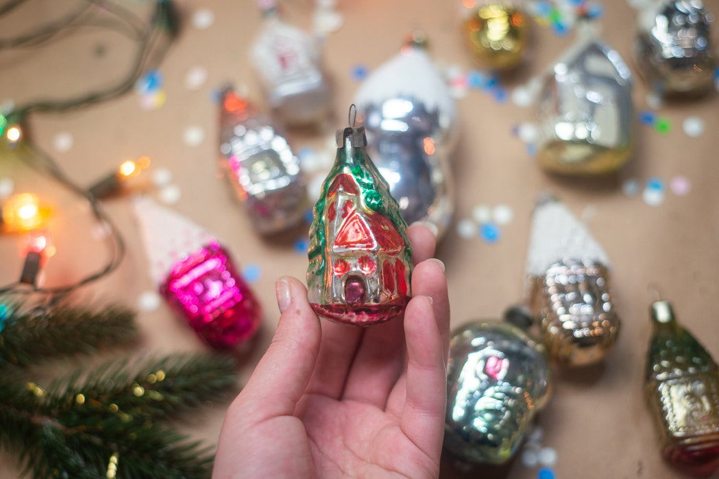 Vintage Glass House Ornaments, Cottage Christmas Tree