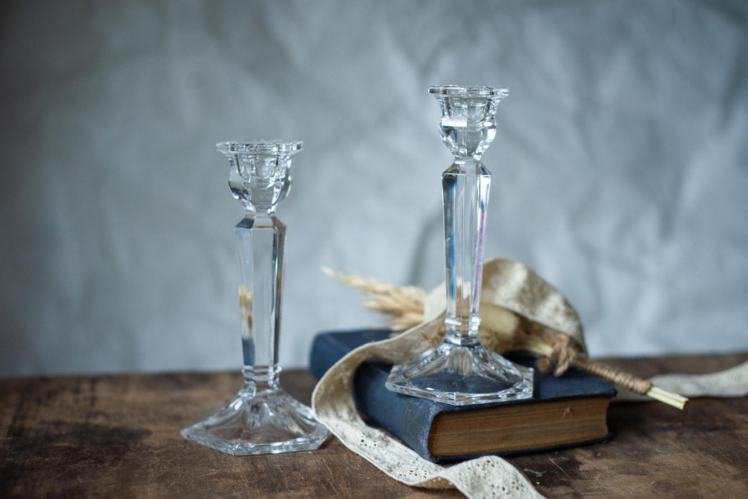 Vintage Crystal Candle Holder, Faceted Glass Taper Candlestick