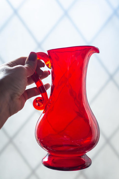 Vintage Ruby Red Glass Pitcher, Czech Crystal Hand Cut Mid Century Water Jug