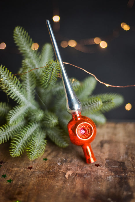Vintage Silver & Orange Indent Glass Tree Topper – 1960s