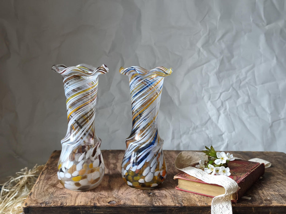 Vintage Murano Style Glass Vase, Beige Blue Art Glass, 1970s Bud Vase