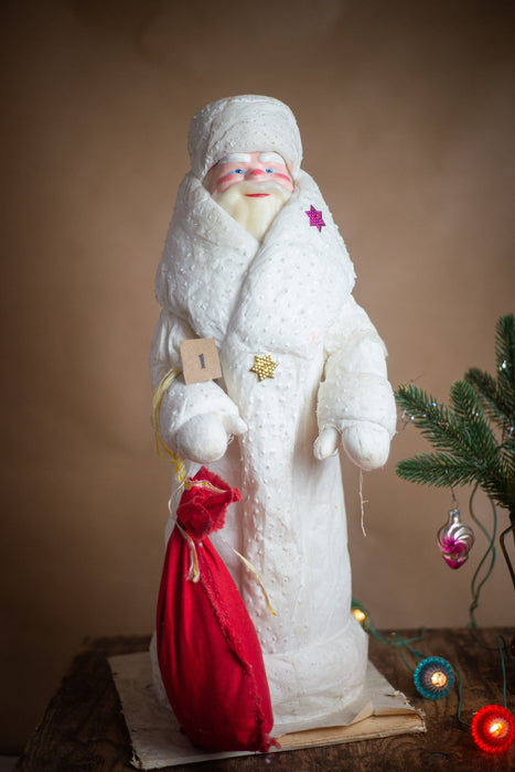 21" Spun cotton vintage Santa Claus figurine in a white coat