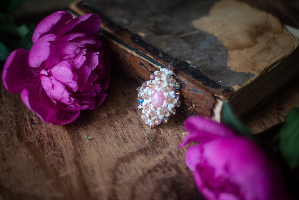 Pink flower brooch, vintage crystal lapel pin, 1970s white floral jewelry, retro old beaded brooch, Victorian shawl pin