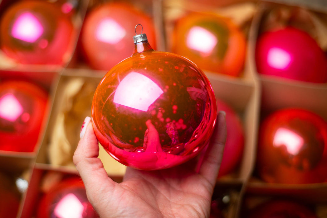 Vintage Red Glass Christmas Ball Ornaments Set of 12, Original Soviet Box