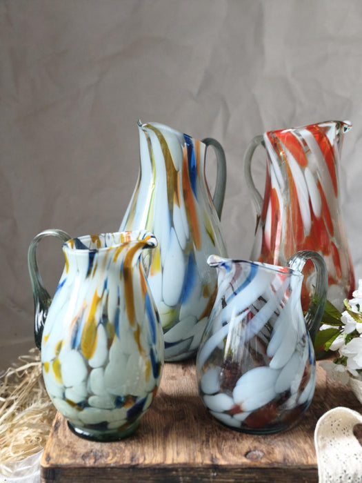 Murano Style Glass Pitcher, Hand-Blown 1970s Colorful Jug Vase In