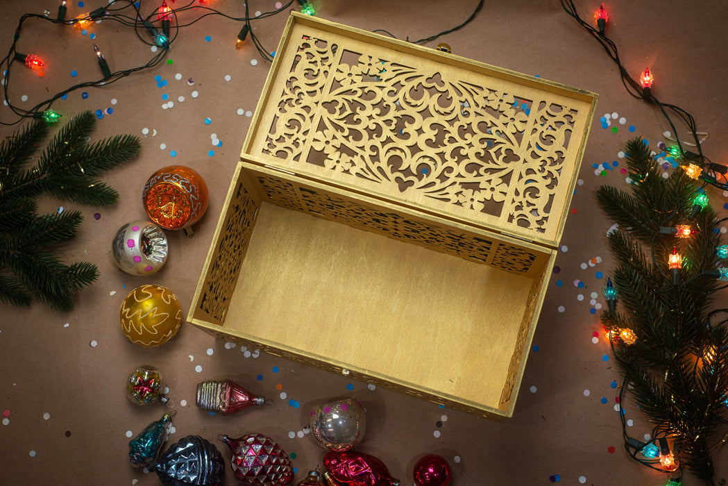 Laser Cut Wooden Keepsake Box, Gold Christmas Ornament Storage, Rustic Decor