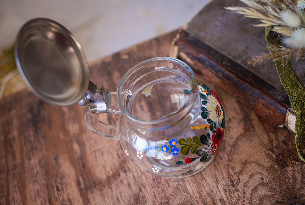 Vintage Floral Glass Beer Mug with Metal Lid, German Oktoberfest Stein