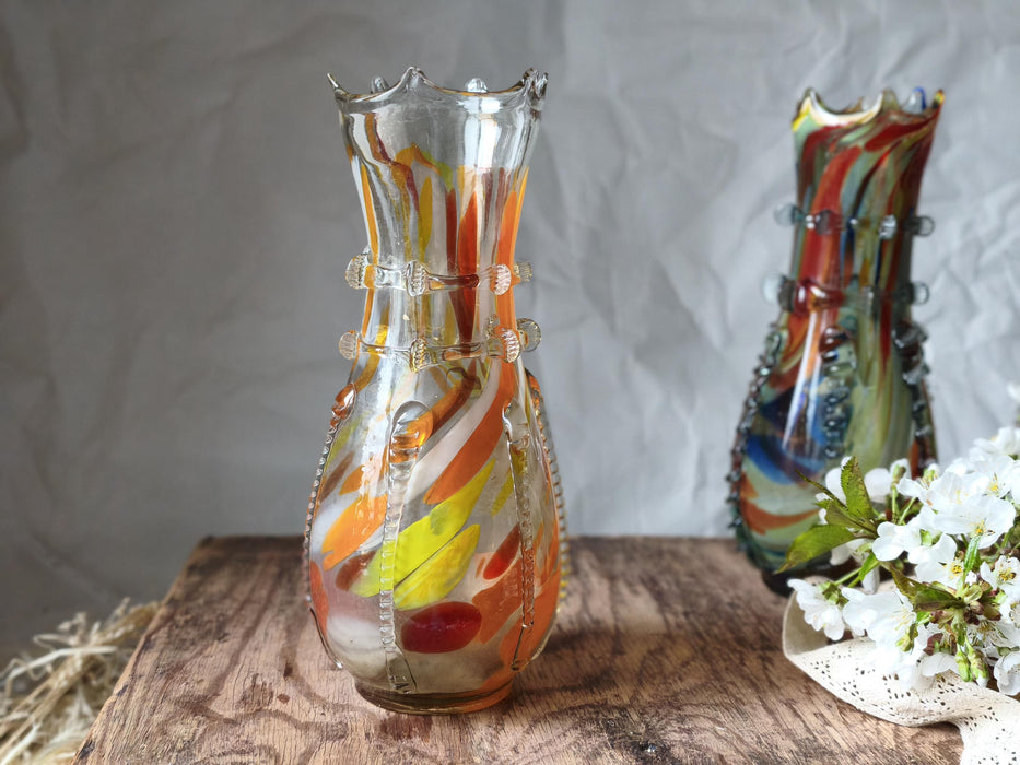 Murano Style Glass Vase, Hand Blown Colorful Mid Century Art Vase Decor