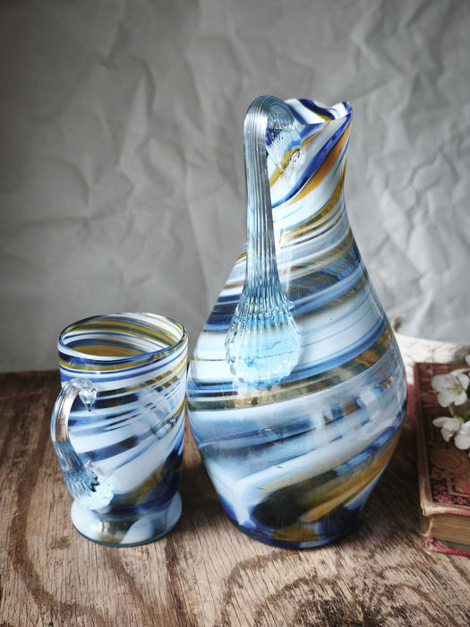Murano-Style Blue Glass Pitcher and Mug Sets