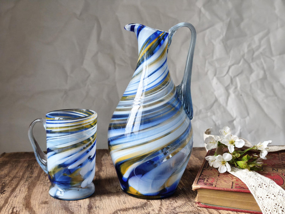 Murano-Style Blue Glass Pitcher and Mug Sets