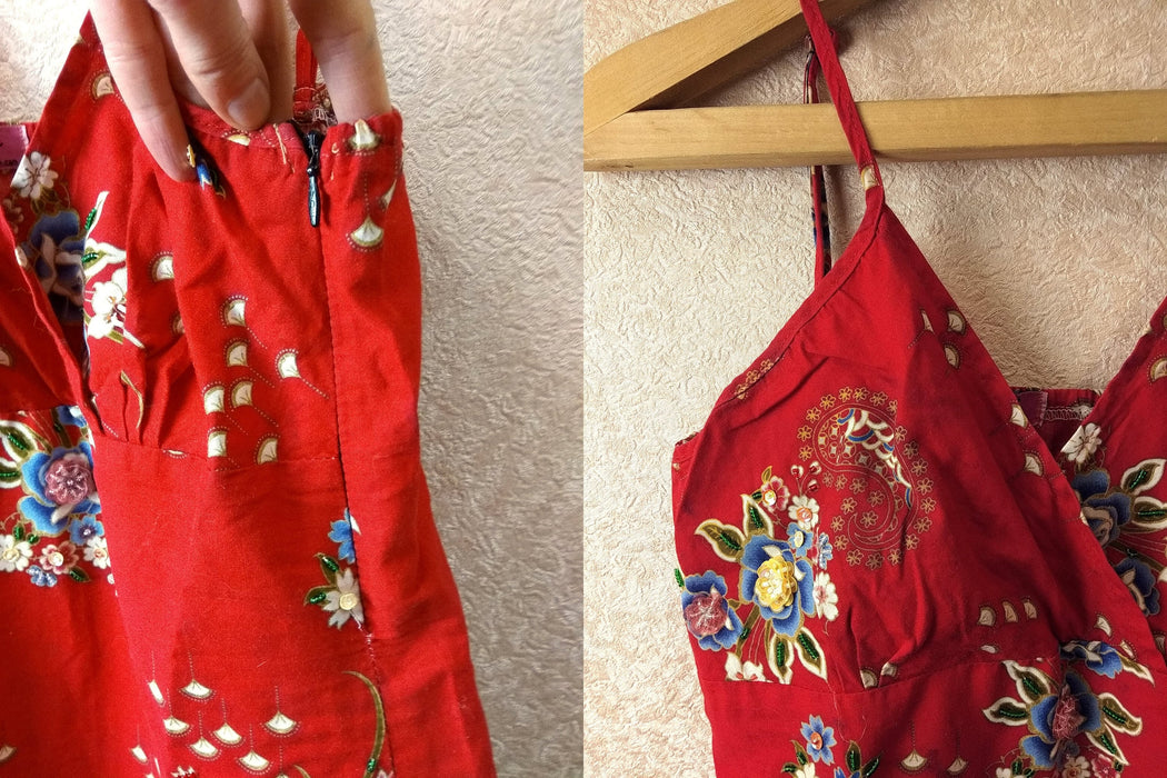 Vintage Floral Sundress - Adjustable Strap Sundress With Embroidered Cotton Details