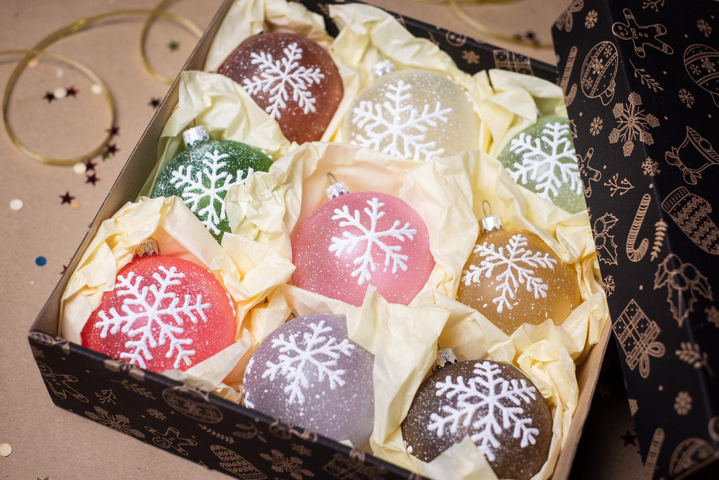 Set of 9 Glass Snowflake Ornaments, Pastel Rustic Christmas Baubles