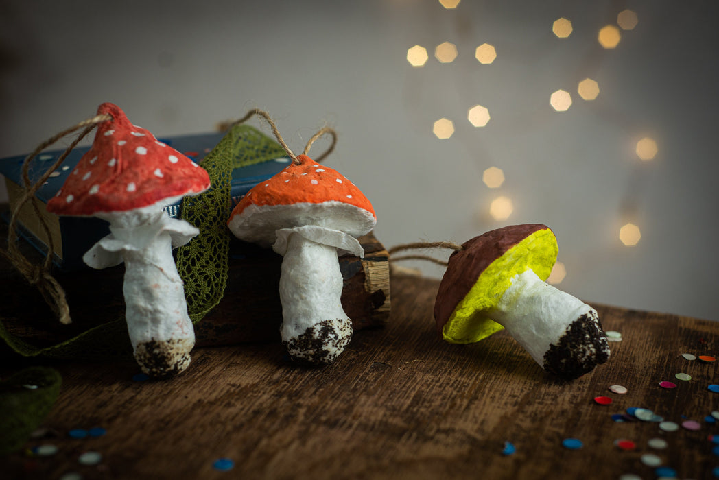 Spun Cotton Mushroom Ornaments, Handmade Fly Agaric