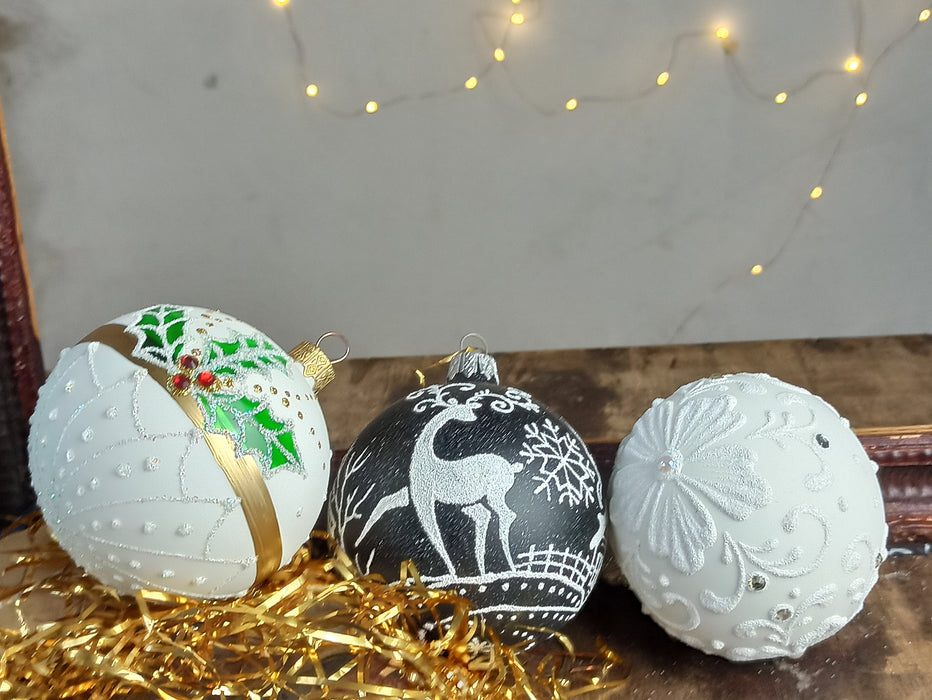 Black White Christmas Baubles Set, Hand Painted Glass