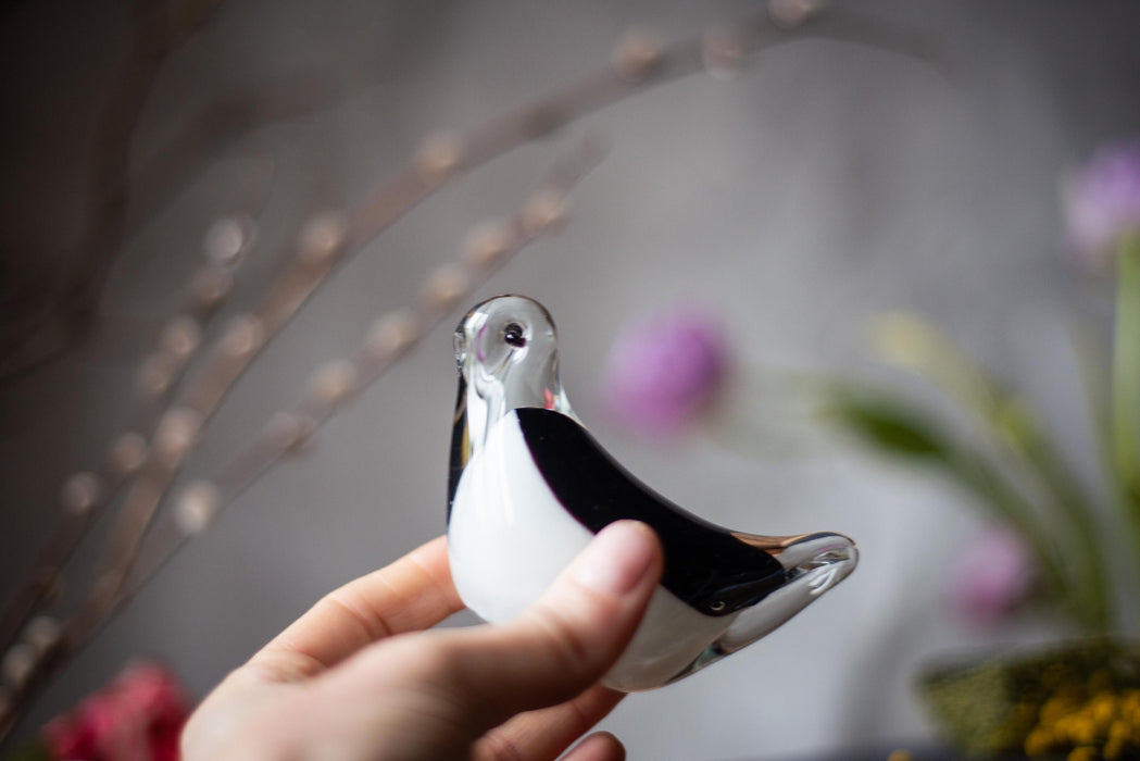 Murano Glass Bird - Hand-Blown Black & White Figurine | Vintage Collectible Art