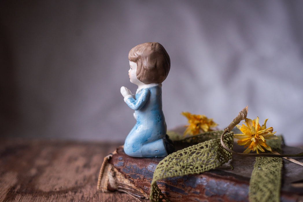 Praying girl with puppy figurine, Catolic gift, Germany porcelain, religious home decor