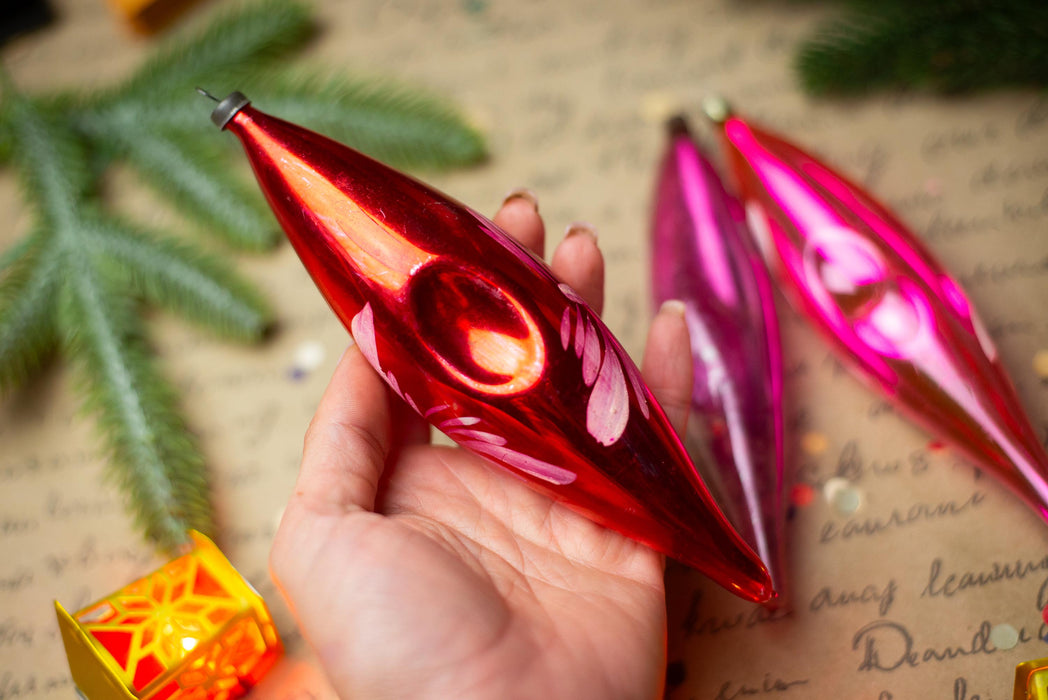 Pink Indent Glass Icicle Ornaments, Vintage Set of 3