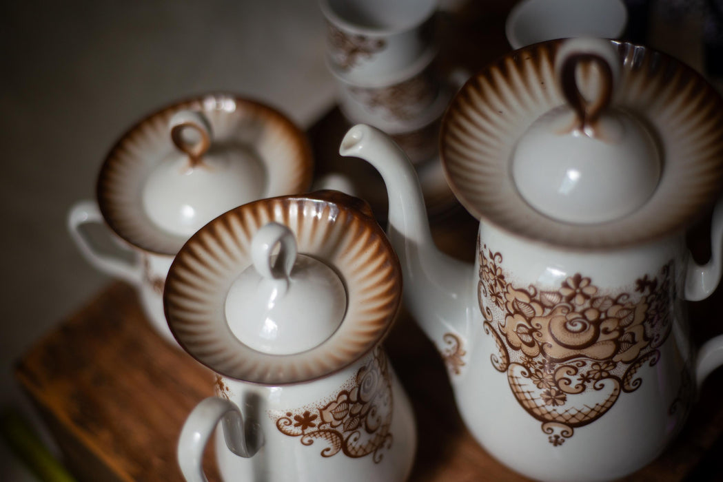 Vintage Porcelain Coffee Set, 1980s, Brown Baroque Pattern Tea Set, Full Coffee Service for 6
