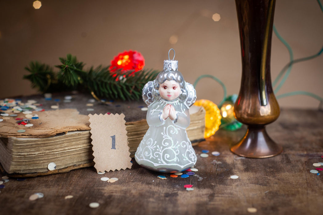 Vintage Glass Angel Ornament, White Christmas Tree