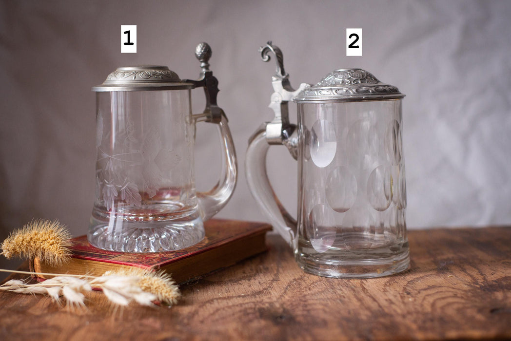 Vintage Glass Beer Stein with Pewter Lid German Barware Tankard