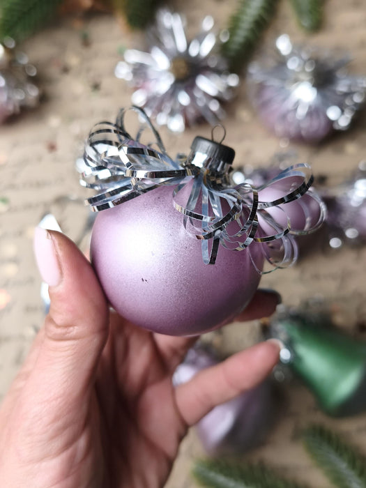 Vintage Frosted Glass Ornament Set – Purple & Green GDR