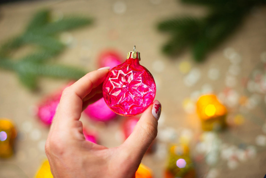 Vintage Pink Faceted Glass Christmas Ornaments Set of 6, 1950s Baubles