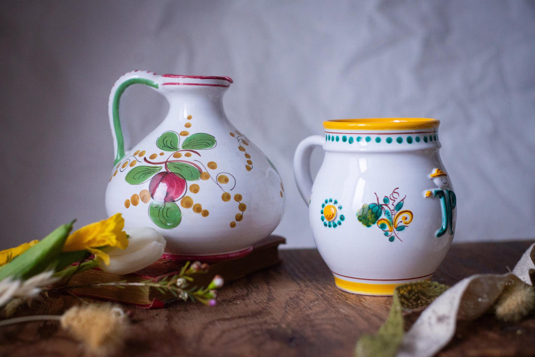 Vintage Italian Majolica Pitcher 1970s Hand Painted Ceramic Jug