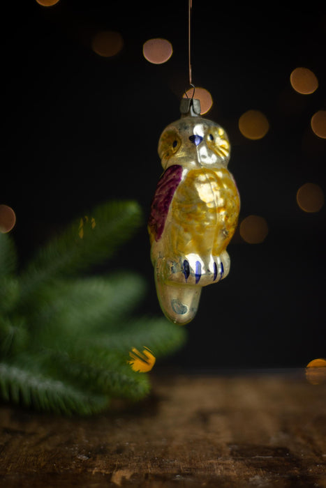 Vintage Glass Owl Christmas Ornament, Silver Bird Tree