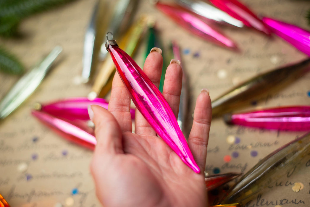 Long Vintage Glass Icicle Ornaments, Pink & Silver – 1950s