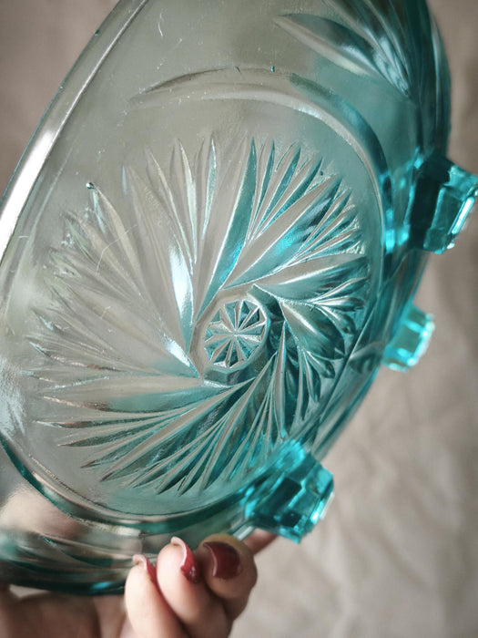 Vintage Glass Bowl – Blue Turquoise Fruit Serving Dish with Pressed Starburst Pattern