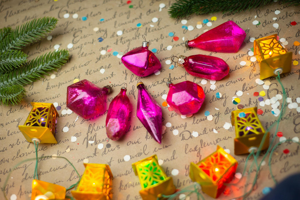 Vintage Pink Faceted Glass Christmas Ornaments Set of 7, 1950s Baubles