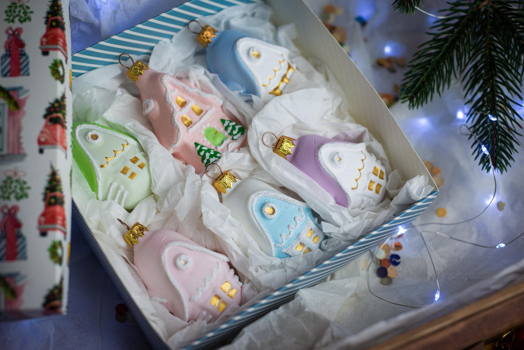 Glass houses Christmas ornaments, rustic candy pastel Xmas hanging decorations, Christmas gift
