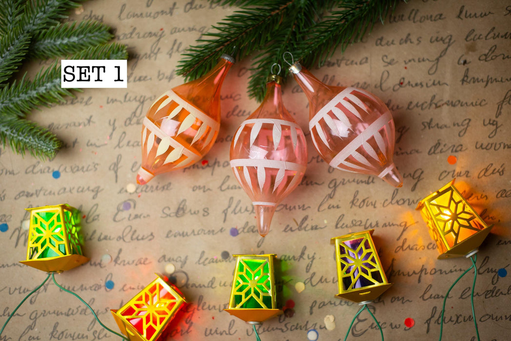 1950s Pink Yellow Glass Drop Ornaments – Set of 7