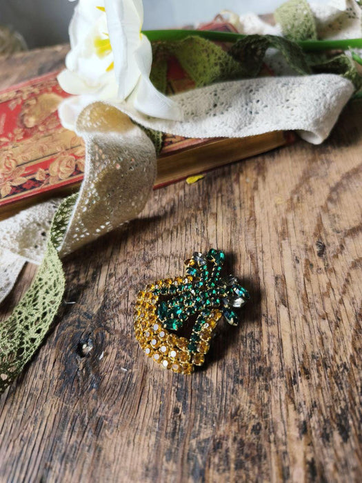 Vintage Green and Yellow Rhinestone Brooch 1970s, Bold Crystal Statement Pin
