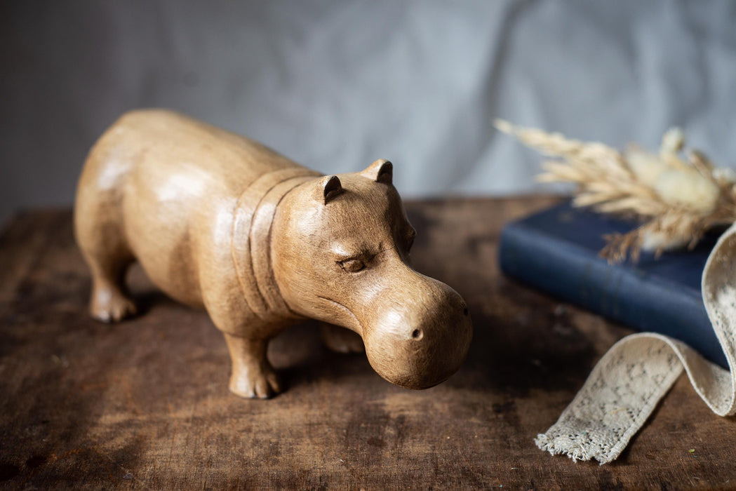 Wooden Hippo Figurine, Vintage Hand-Carved Solid Wood, 11x4.9 In