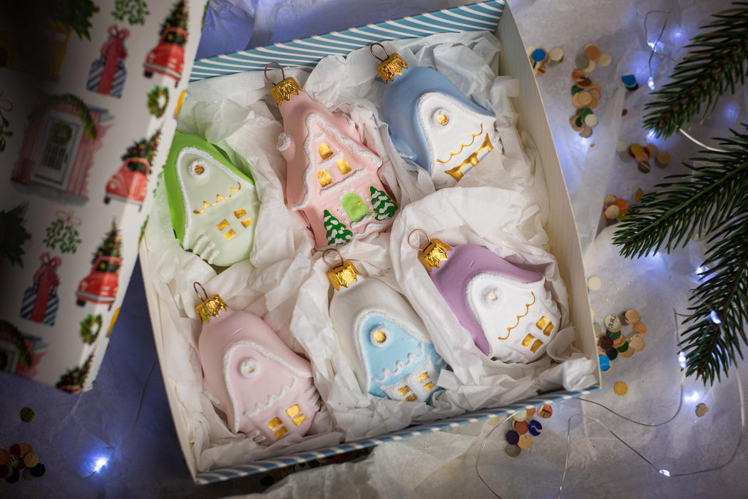Glass houses Christmas ornaments, rustic candy pastel Xmas hanging decorations, Christmas gift