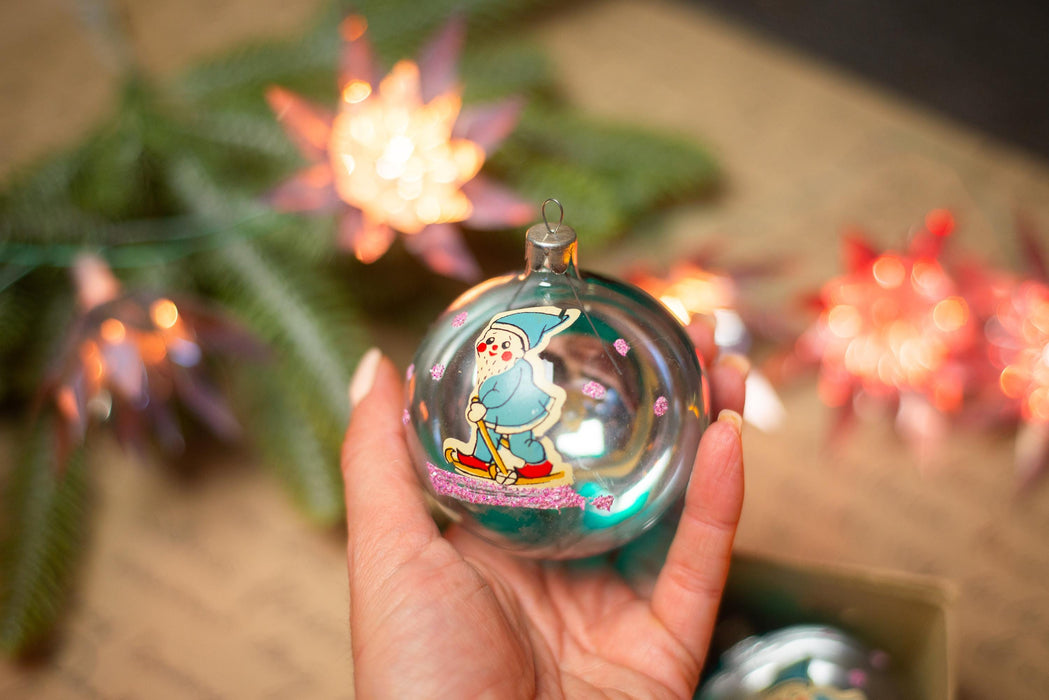 Vintage Christmas Ornaments with Gnome Elves – Set of 4 in Original Box