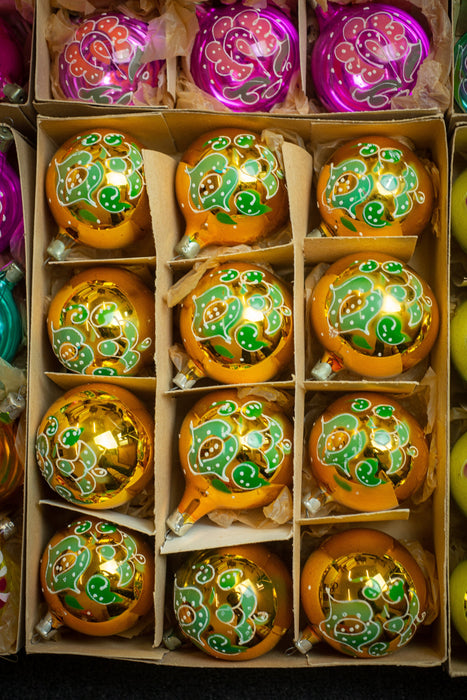 Vintage Glass Christmas Ornaments Gold Green Hand-Painted Box Set