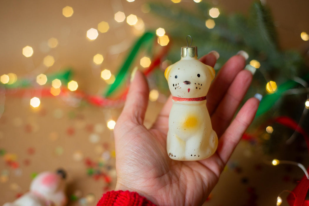 Vintage Hand-Painted Glass Dog Christmas Ornament