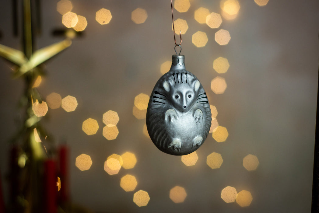 Vintage Hedgehog Glass Ornament, Retro Woodland Christmas