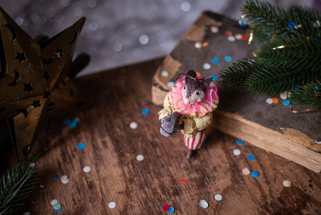Spun cotton Christmas ornament,  Clown mouse figurine, vintage inspired