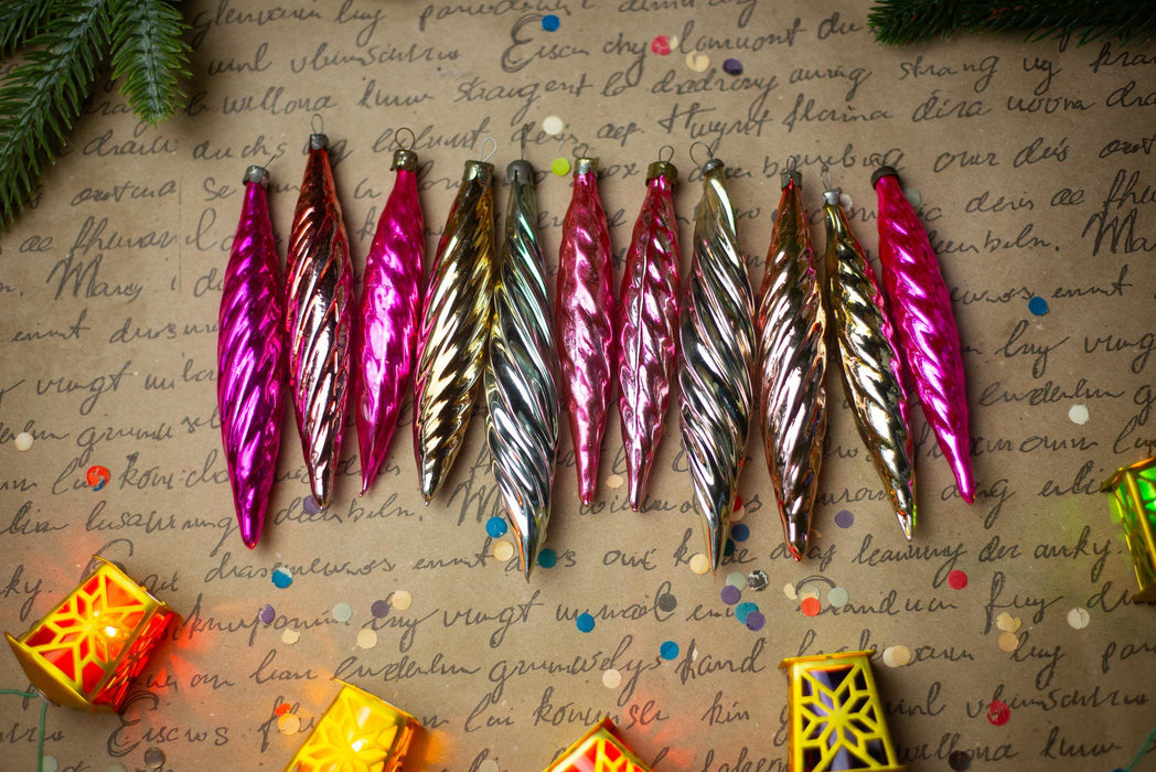 Vintage Christmas Ornaments – 1950s Pink Gold Silver Glass Icicles
