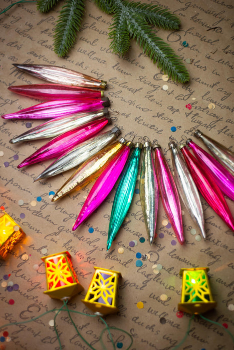 Long Vintage Glass Icicle Ornaments, Pink & Silver – 1950s