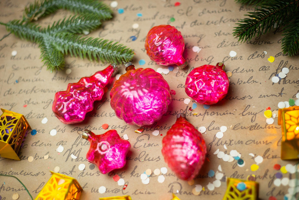 Vintage Pink Faceted Glass Christmas Ornaments Set of 6, 1950s Baubles