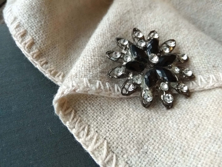 Vintage Black Flower Brooch: Rhinestone Retro Lapel Pin