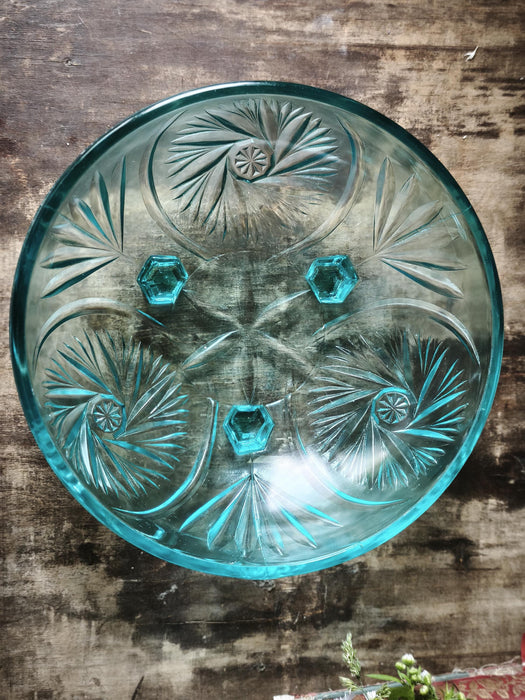 Vintage Glass Bowl – Blue Turquoise Fruit Serving Dish with Pressed Starburst Pattern