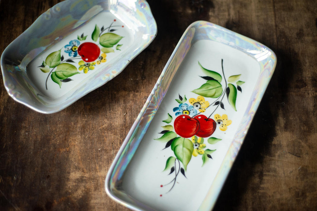 Vintage Lusterware Plates – Iridescent Porcelain Dishes With Hand Painted Cherry Motif